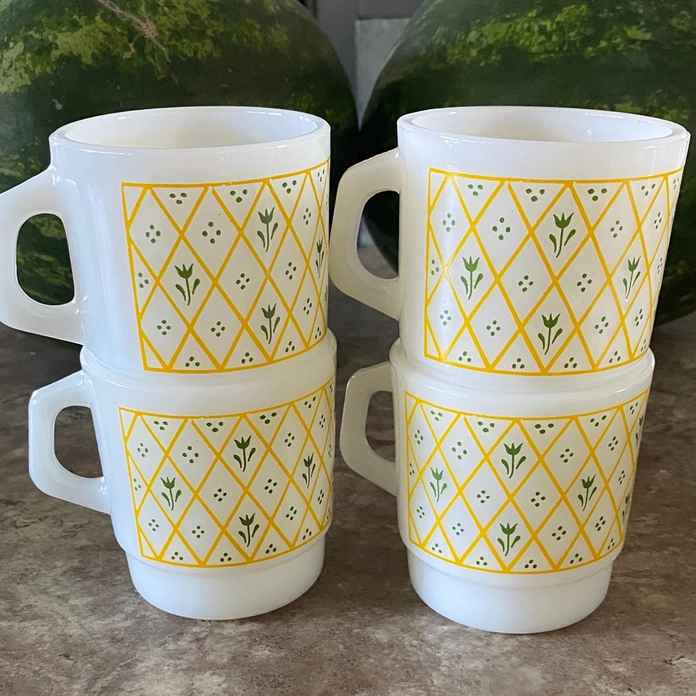 Charming White and Yellow Patterned Milk glass Mugs
